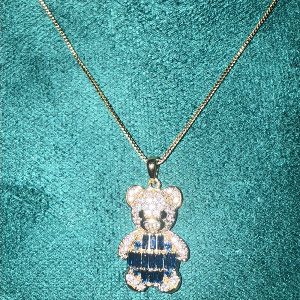 Gold-Tone Teddy Bear Pendant Necklace with Blue Accents